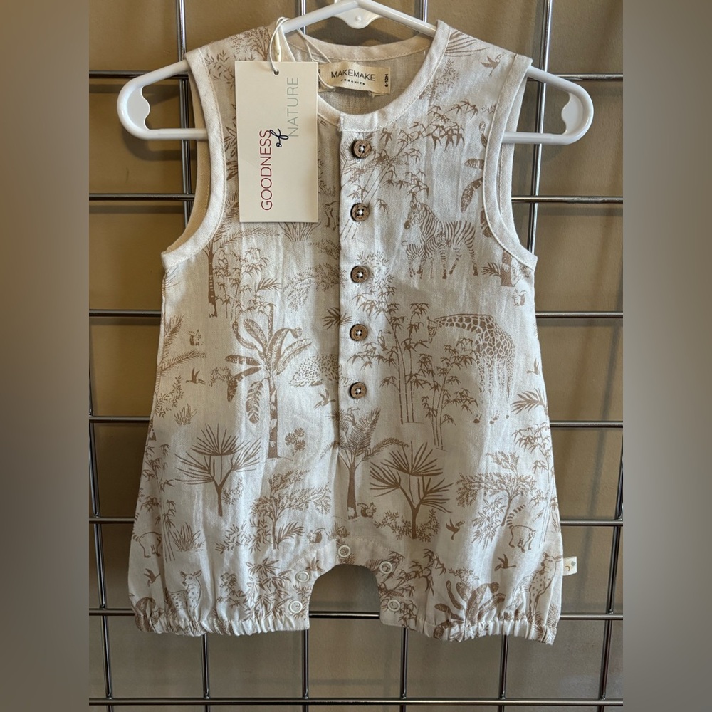 NWT Organic Cotton Linen Baby Romper Sz 6-12 M Safari Zebra Giraffe Lemur Unisex